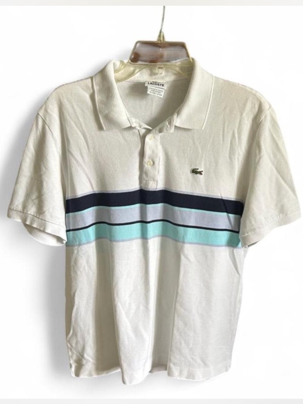 Lacoste White Polo with Navy & Aqua Stripe Detail. Size Medium.